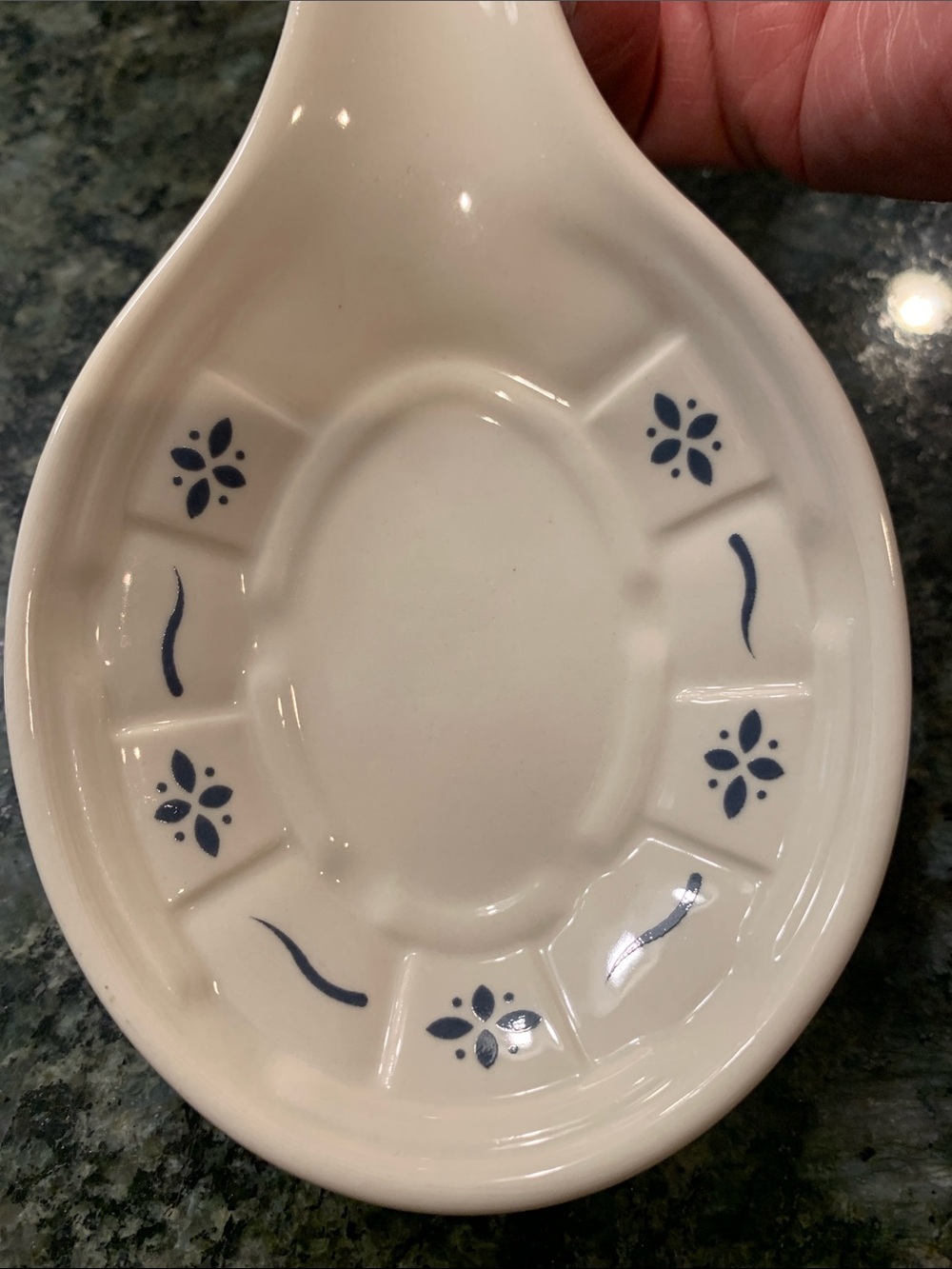 Longeberger Pottery Cream Ceramic Spoon Rest with Blue Floral Accents - Picture 5 of 6